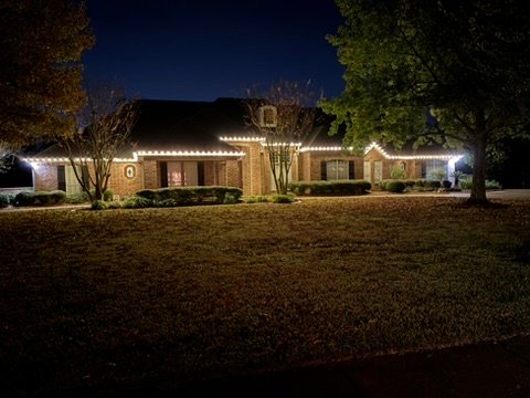 Brick home with roofline and hedge lighting at blue hour